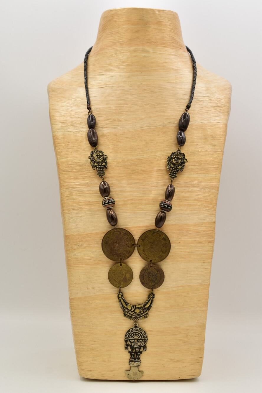 Vintage Peruvian Sol Coin Necklace Tribal Mayan Inca Ceramic Beaded 1960s BinBN